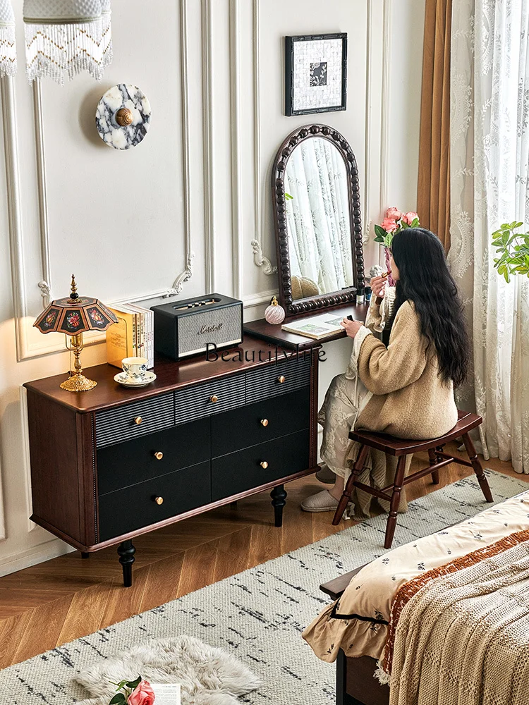 

3-French retro style dresser, black color matching chest, integrated rotatable full solid wood bedroom storage cabinet