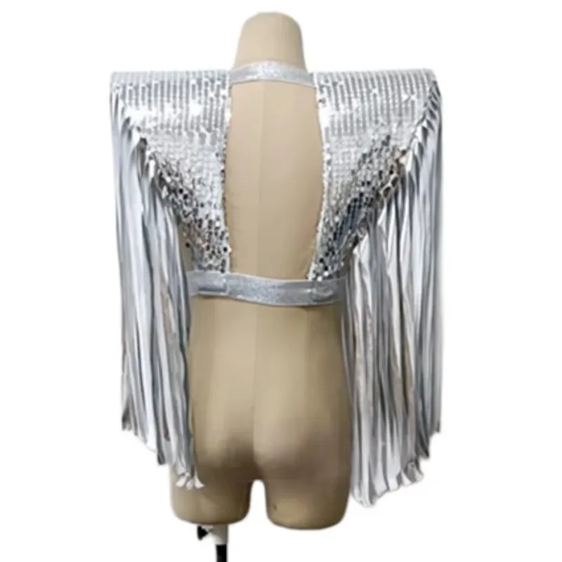 Women Men Silver Sequin Tassel Vest Elastic Shoulder Pads Halloween Party Glitter Armor Cosplay Costume for Rave Stage Wear