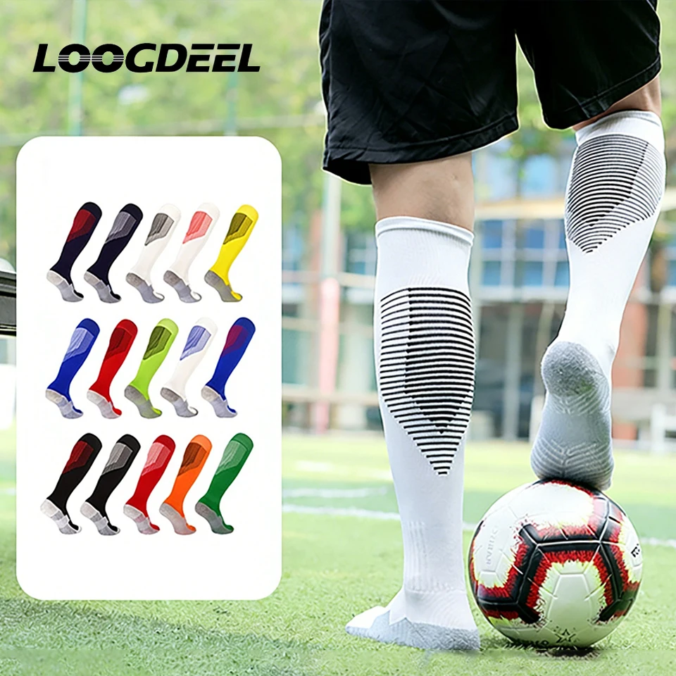

Loogdeel Adult Kids Breathable Football Knee High Training Running Long Stocking Towel Bottom Sock Stripe Sports Soccer Socks