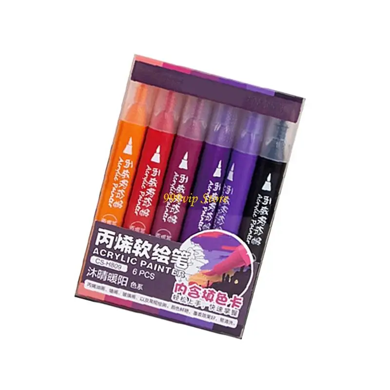 

C90C Acrylic Marker 6 Color Acrylic Paint Pen Brush Tip for Journaling Drawing on Paper Stone Rock Canvas Glass Fabric