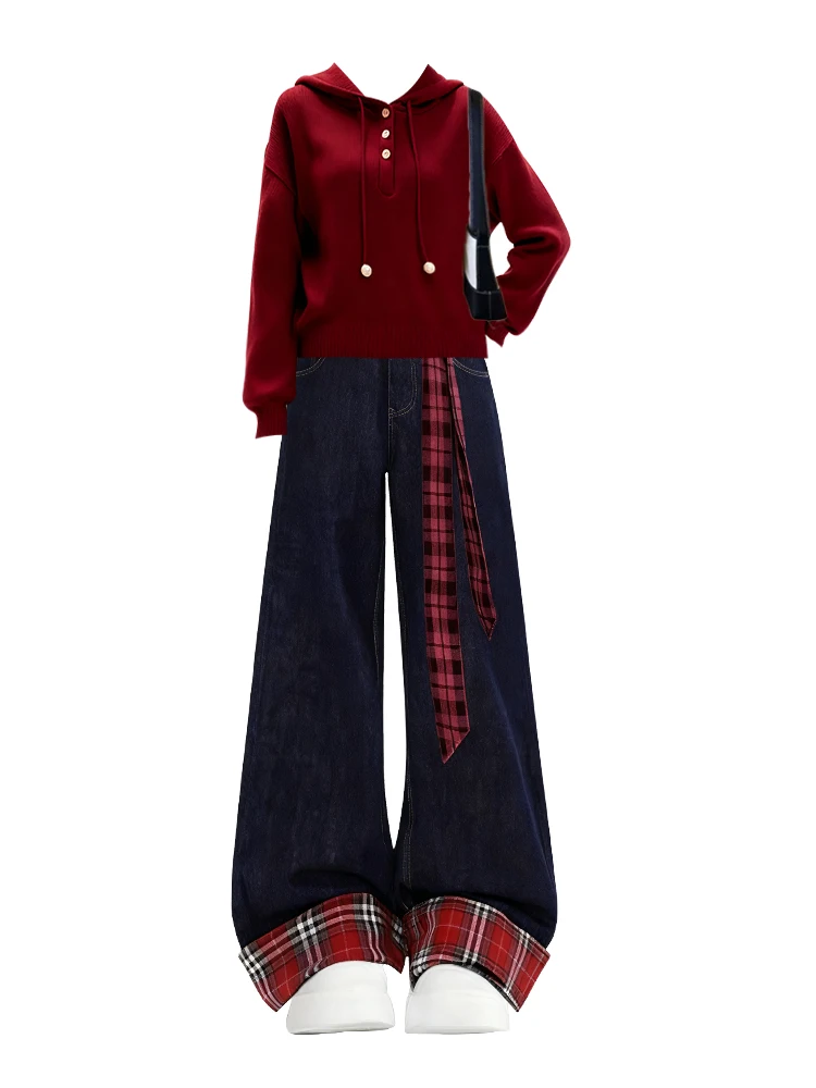 ชุดเซ็ตสองชิ้น เสื้อฮู้ด Cisas และกางเกงยีนส์ แฟชั่นฤดูหนาวสำหรับผู้หญิง สไตล์ลำลอง กางเกงขายาวเอวสูง สีแดง