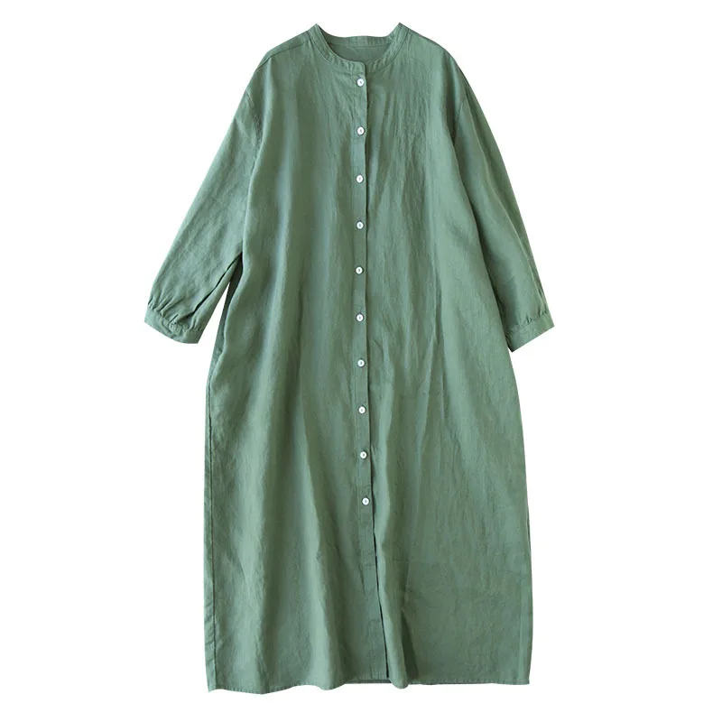 Muslin Cotton Linen Green Midi Dresses A-Line O-Neck Loose Long Sleeve Dress With Button Fashion Women Streetwear Female Robe