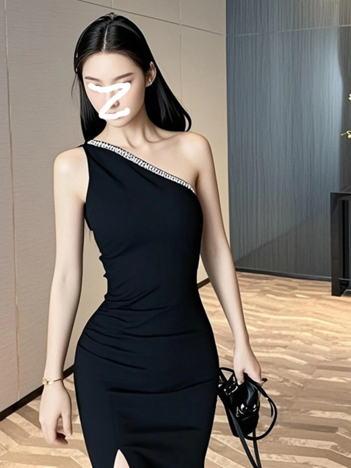 Ele Sexy diamant intégré asymétrique oulder Dr femmes coupe ajustée jupe moulante printemps été nouveau Sle luxe m...