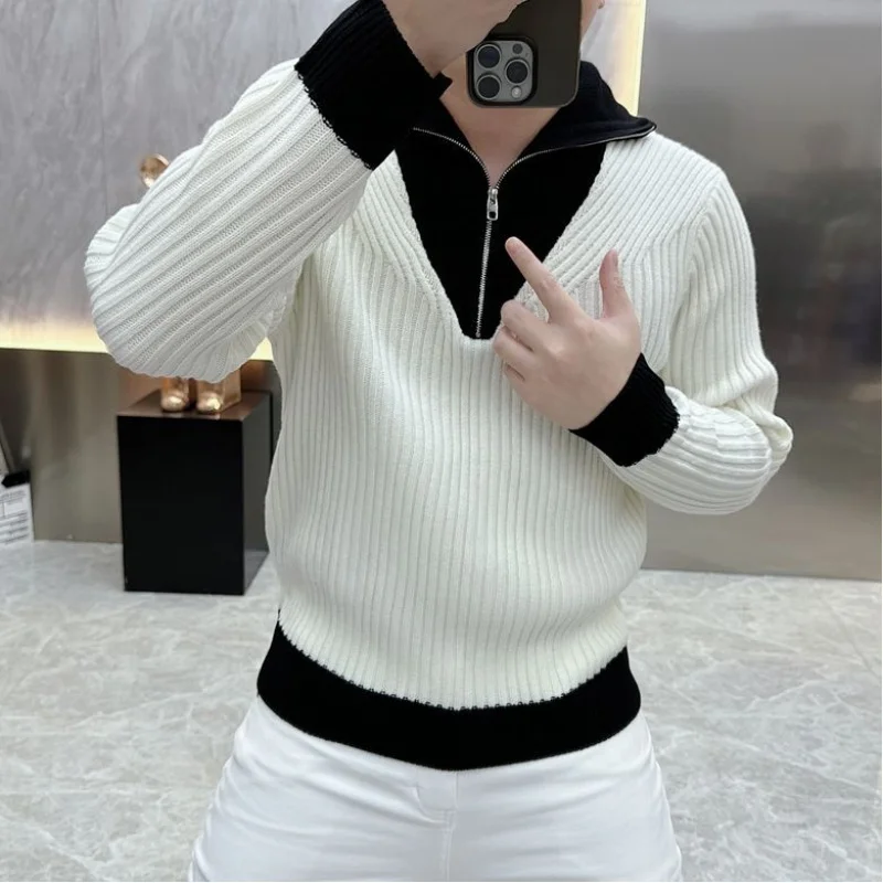 

2025Осенне-зимний высококачественный утолщенный мужской черно-белый свитер с высоким воротником, теплый повседневный универсальный вязаный топ на молнии