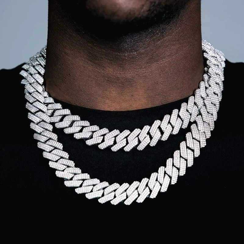 20MM Prong Cuban Link Chain Necklace HipHop Men Women Iced Out 3 Row Rhinestone Paved Miami Rhombus Cuban Chain Jewelry