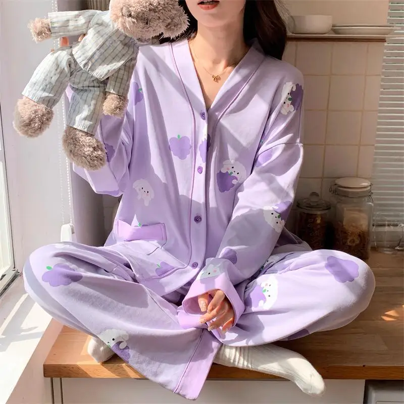 

2025 Spring Autumn Cute Cartoon Printed Purple Pajamas Sets Women Long Sleeve and Long Pants pyjamas Cardigan Sleepwear Homewear