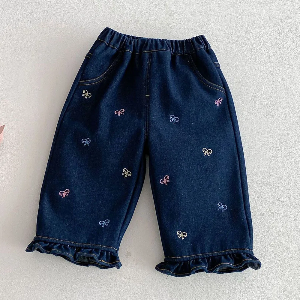 Girls Winter Jeans Pants Vlevet Thicken Warm Snow Children Clothing Fashion Ruffles Kids Blue Denim Trousers New Arrival