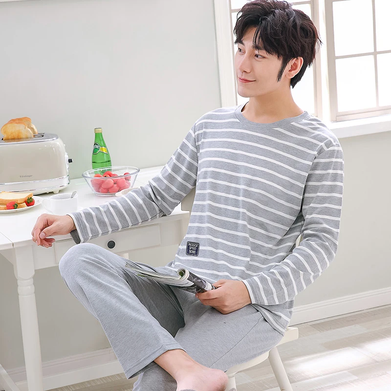 100% Cotton Knitted Pj Long Sleeved Men\'s Pajamas Sets Male Pijama Set Striped Pyjama For Men Sleepwear Suit Homewear Size XXXL