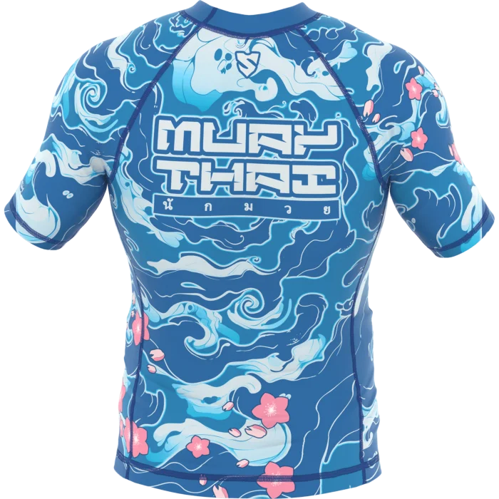 Men Muay Thai Wave Cherry Blossom Print Tee, Milk Silk, Slim Fit, Soft Stretchy, Quick Dry Breathable for Kickboxing Training