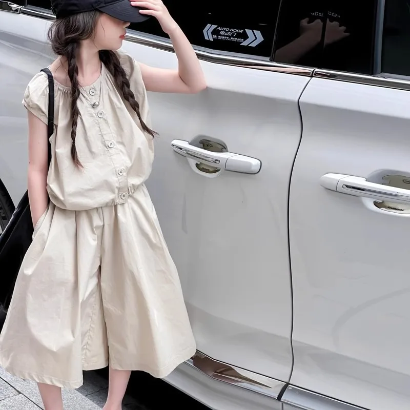 4-14Yrs Kids Girls 2PCS Clothes Set RAISE Summer Children Girls Sleeveless Tees Suits Loose Solid Cropped Wide Leg Pants Outfits