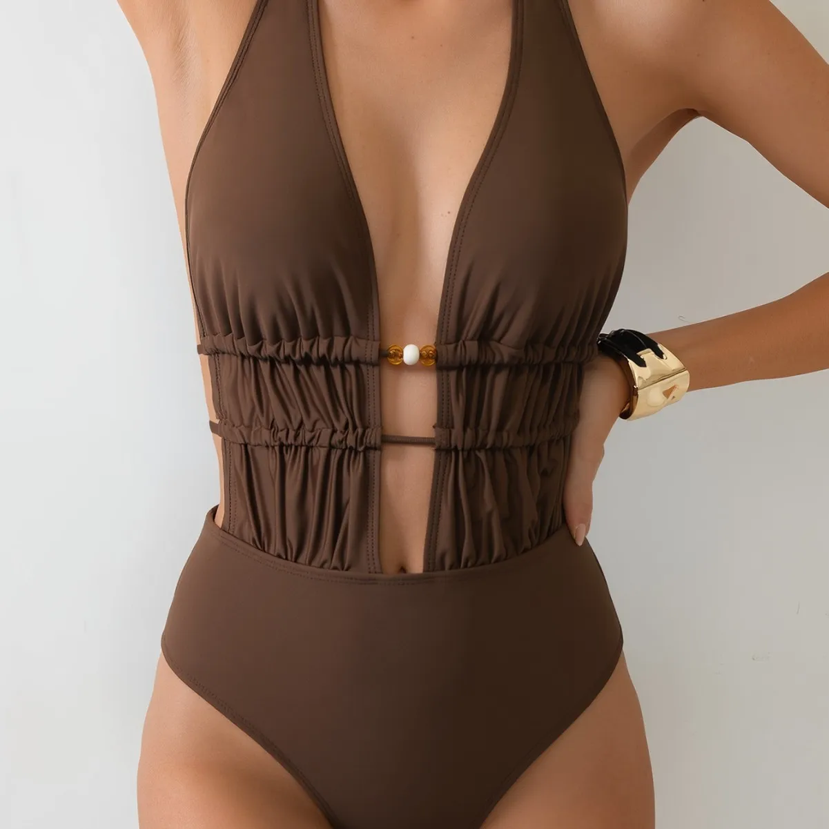 

Swimwear Woman 2025 Deep V Neck Ruched Waist High Waisted Halter Neck Solid Brown Open Back Cut Out Detail Beach Bathing Suit