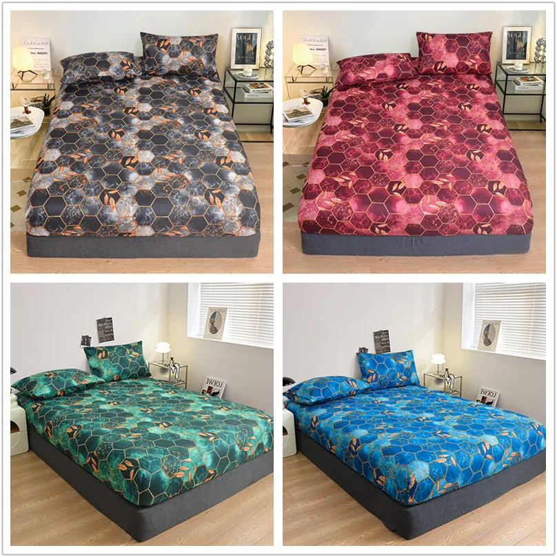 Geometric Style Fitted Sheet with Pillowcase Soft Bed Cover Printed Bedsheet Home Elastic Mattress Protector juegos de sábanas