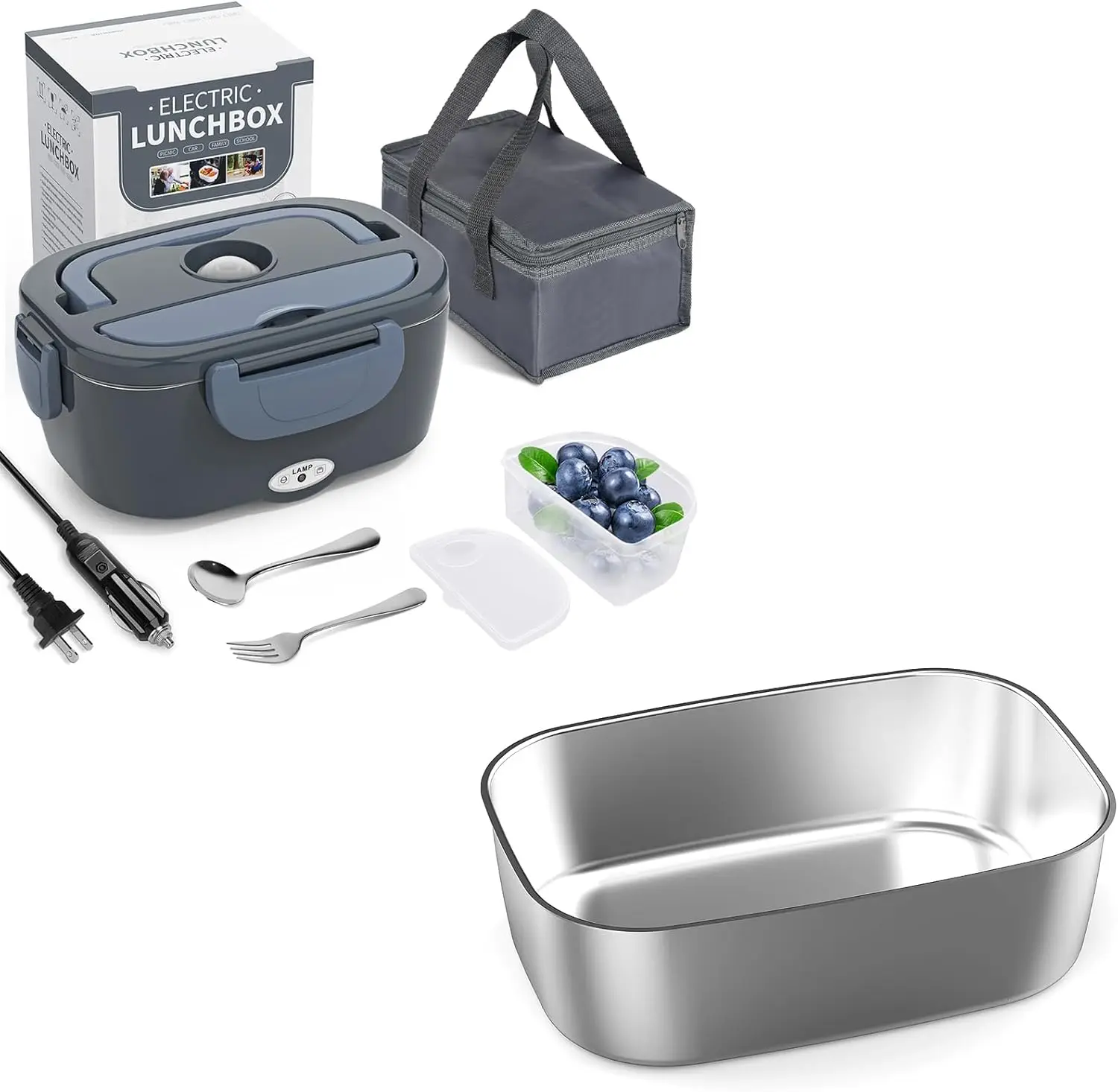 

Комплект сине-серого электрического ланч-бокса объемом 1,5 л и контейнера для ланча емкостью 1,5 л.