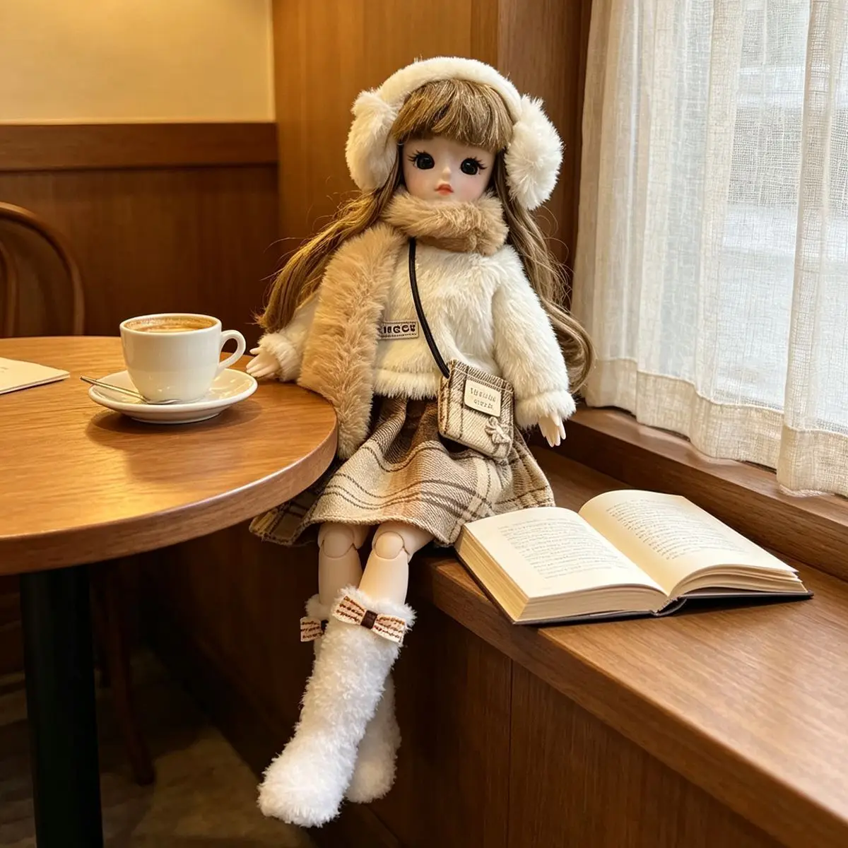Winter Fluffy Bjd Doll Outfit 1/6 Scale Plush Earmuff Coat Plaid Skirt Scarf Boot Bag Complete Clothes Set Girl Doll Clothing