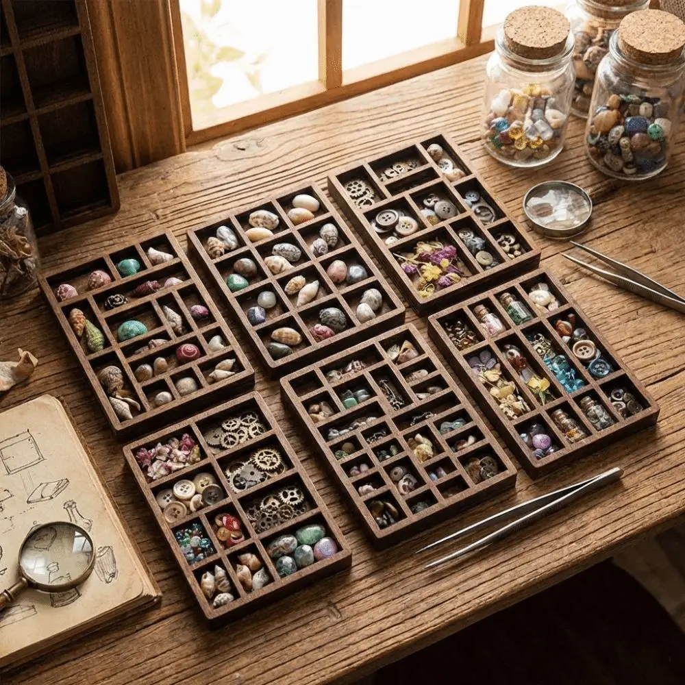 Wooden Mini Jewelry Holder Miniature Crystal Multi Compartments Jewelry Display Tray Ore Specimen Storage Goods Display Rack