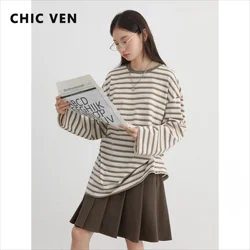 CHIC VEN Women T-Shirts Loose O Neck Contrasting Striped Knitted Long Sleeved Tees Female Top Spring Autumn 2024