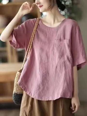 ゆったりとしたコットンリネンまたはスウェット素材のレディーストップス、プラスサイズ、ヴィンテージ風、スリムなインナーウェア、夏用、ケット付き