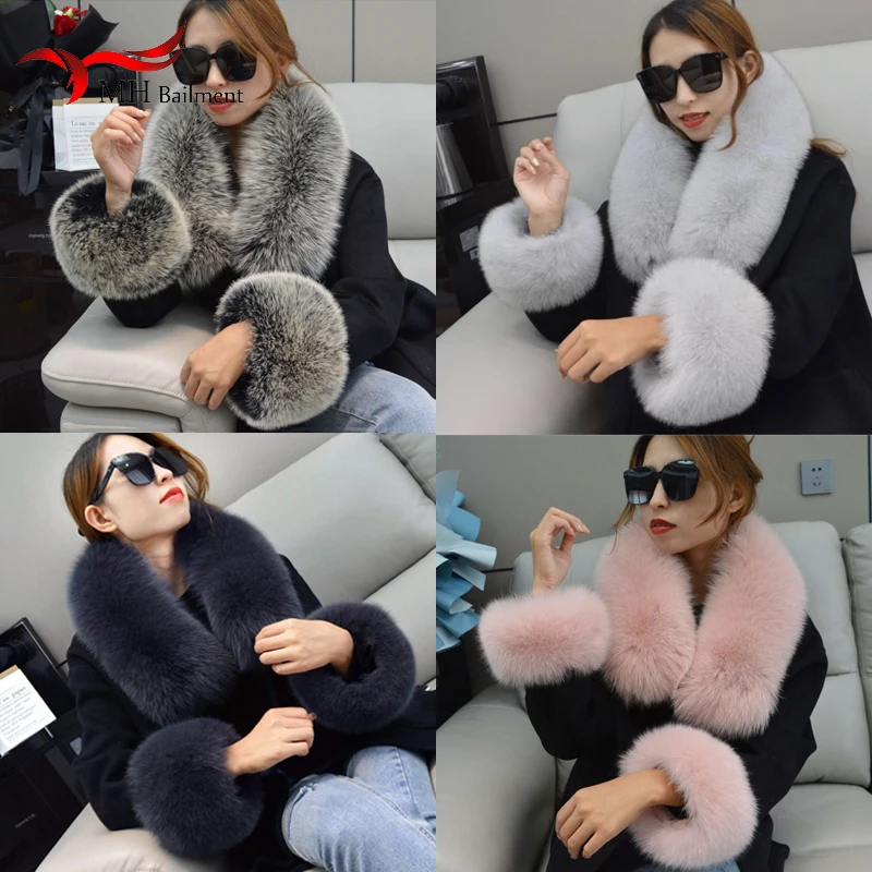 

100% Natural Fox Fur Scarf Women Winter Jacket Fur Collar Authentic Neck Scarves And Cuff Set Luxury Fox Fur Warm Neck Warmers