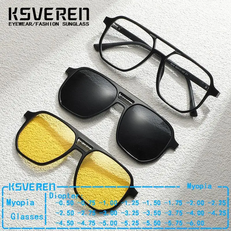 

Double Bridge 3 In 1 Myopia Glasses Polarized Magnetic Clip On Glasses Men UV Protection Outdoor Driving Night Vision Sunglasses