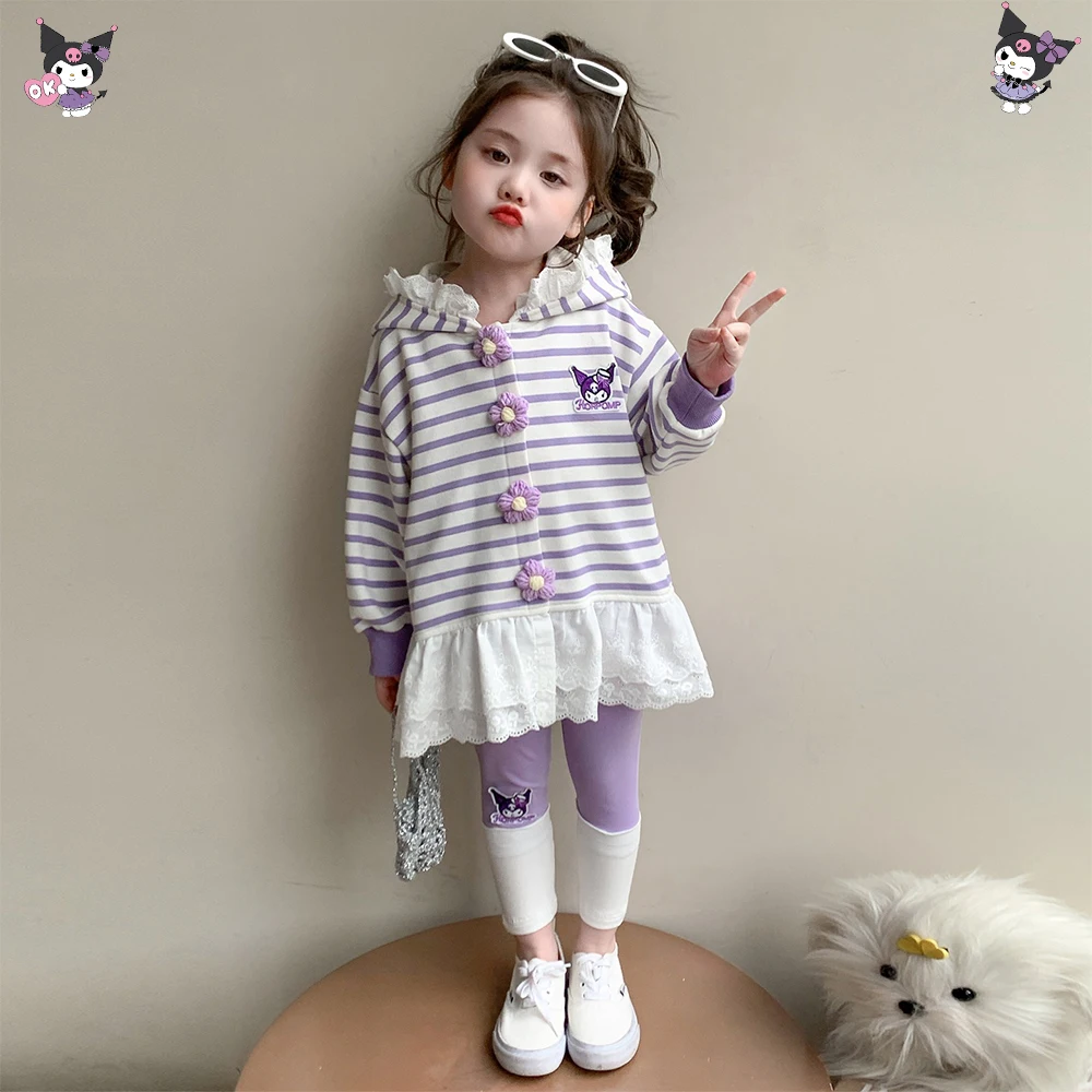 

Детский комплект из кружевных топов и леггинсов Kuromi в полоску с героями мультфильмов для девочек, осенний комплект My Melody Sweet Kawaii Sanrio, модная одежда принцессы