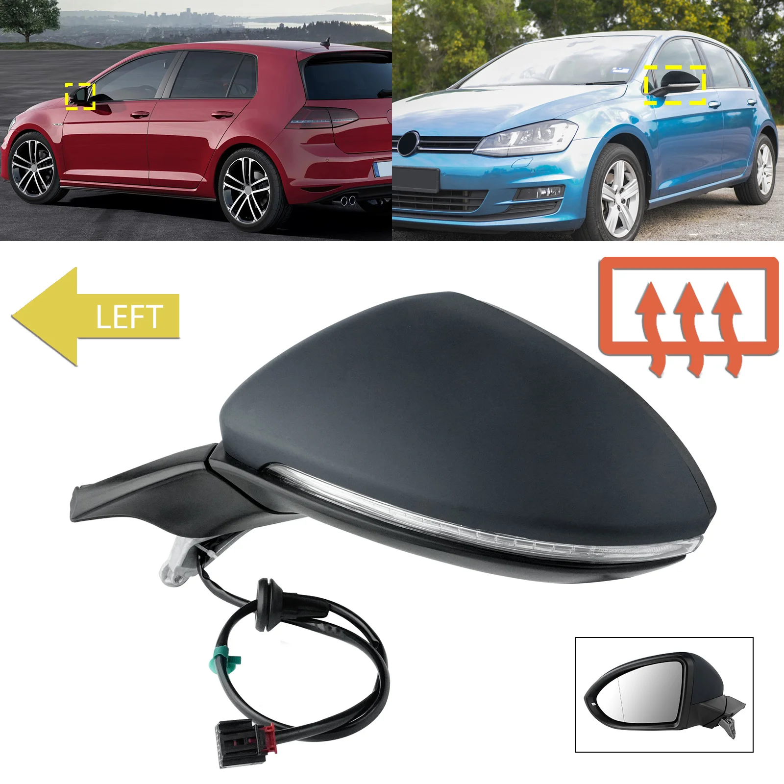 ANGRONG For VW Golf MK7 2012-2020 Left Primed Electric Wing Door Mirror Indicator Heated