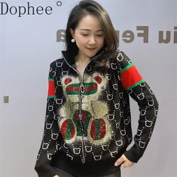 High Quality Spring Autumn Women Long Sleeve Knitted Cardigans Coat Hot Drilling Stand Collar Zip Sweater Trendy Knitting Tops