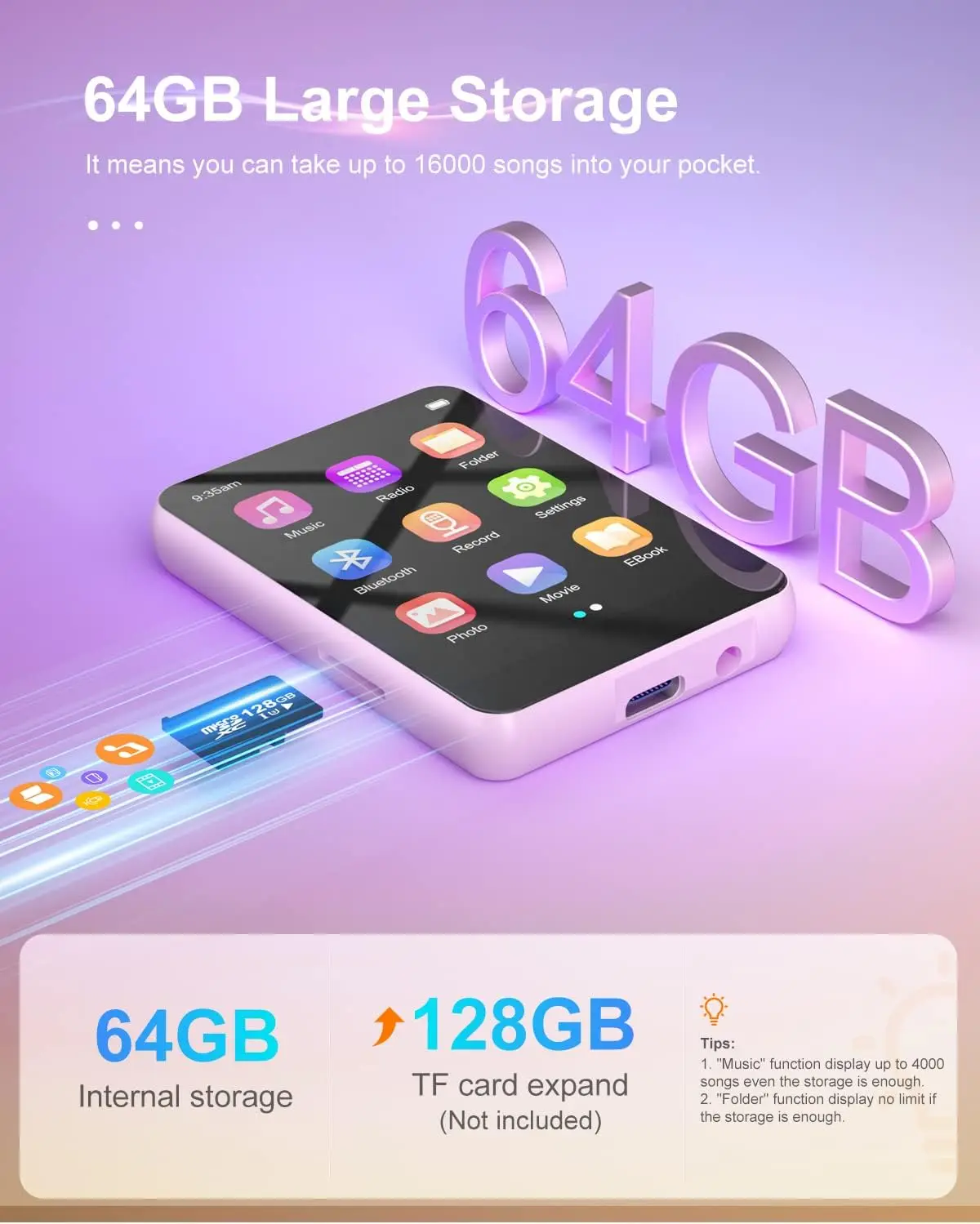 Pemutar MP3 dengan Bluetooth 5.3, Pemutar Musik Suara HiFi Portabel Tanpa Hilang dengan Speaker, Memori 64GB Bawaan, Radio FM, Rekreasi Suara