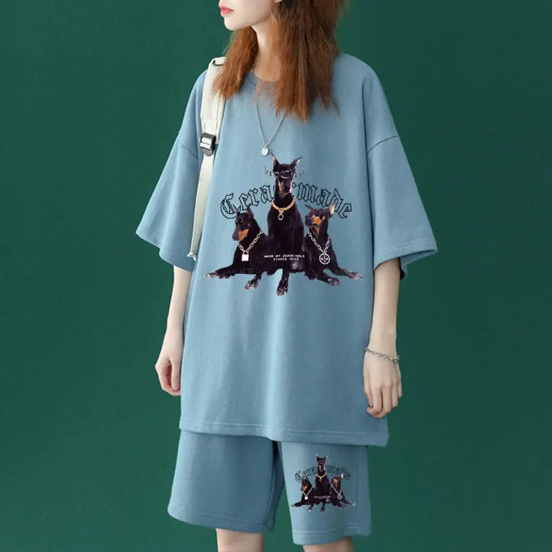 Oversized Athleisure Fashion Wide Leg Pants Two-piece Suit Summer Fashion Loose Printing O-neck Short Sleeve Matching Sets Tops