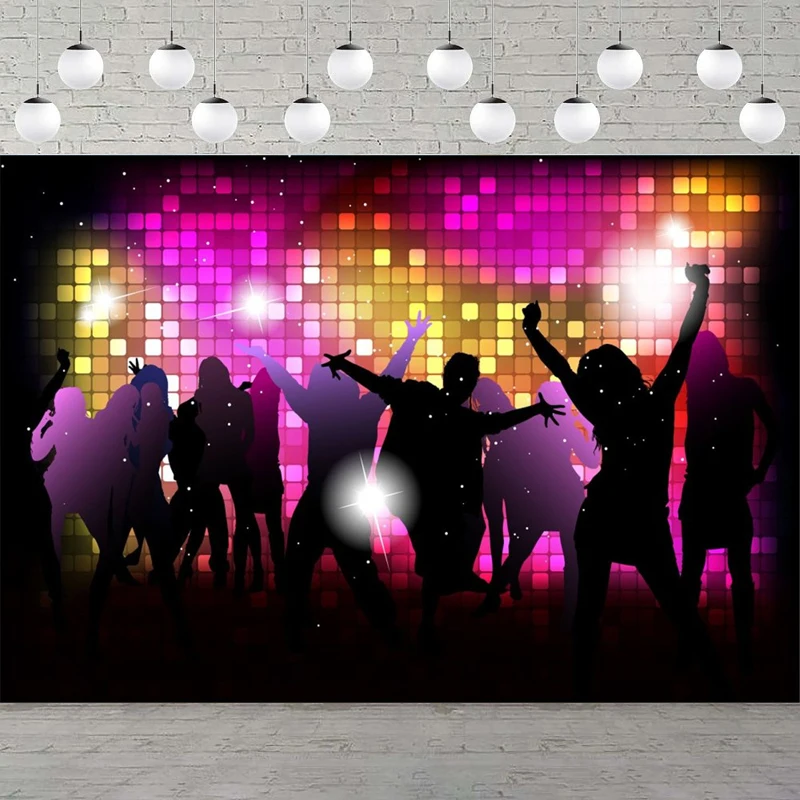 Disco Dancer Backdrop Shiny Disco Theme Neon Lights Ball Crazy Party Banner Wall Hanging Background for Birthday Decoration