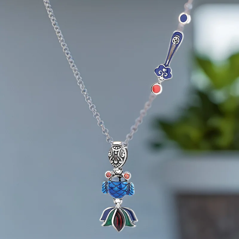 Jingtai-Collier Pendentif Poisson Rouge Bleu pour Femme, Émail Coloré, Style Rétro, Brûlé, Petit et Simple, Accessoires de Mode