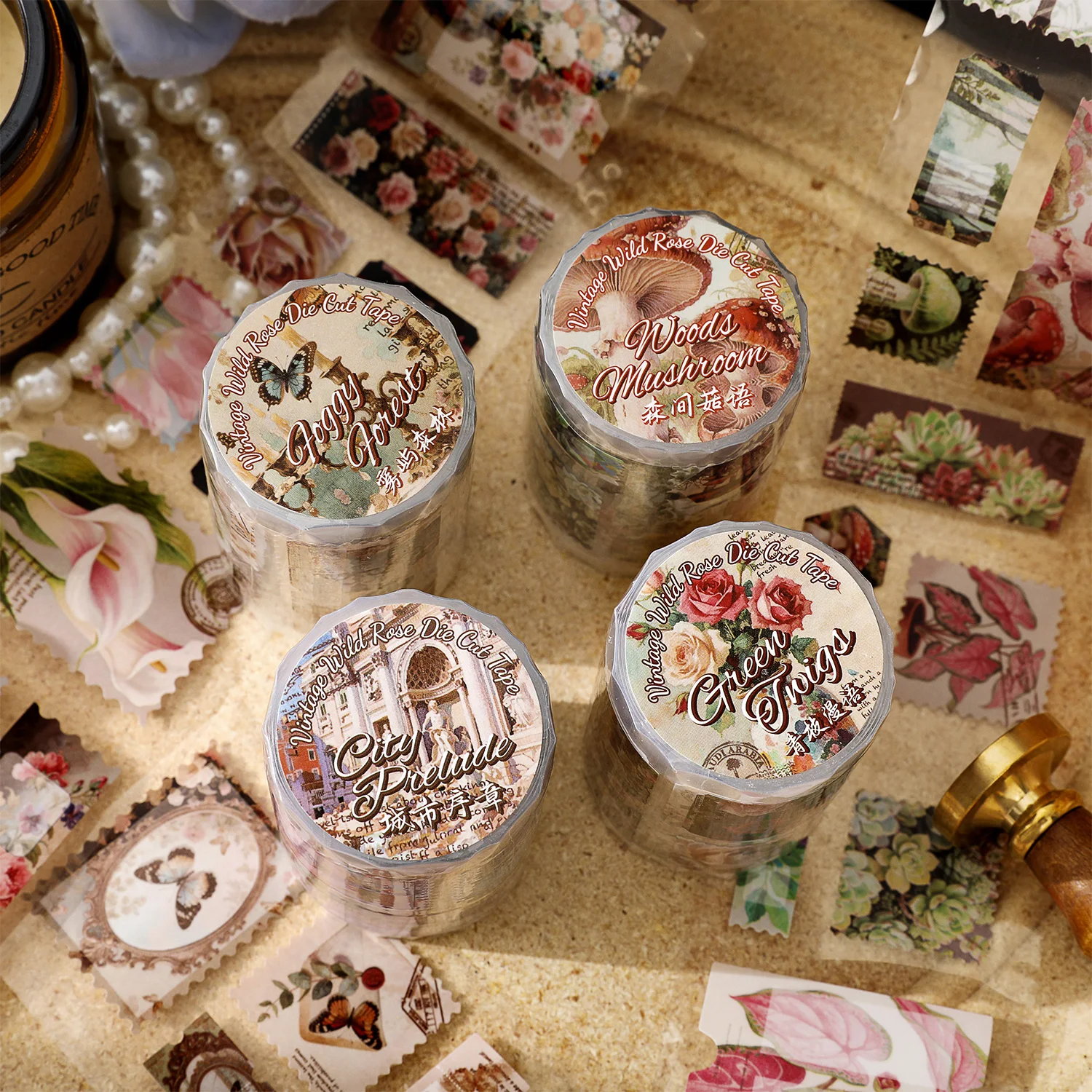 1 Roll Vintage Stamp‑Style PET Washi Tape, Retro Floral Mushroom Building Stamp‑Shaped Clear Tape for Junk Journal Collage