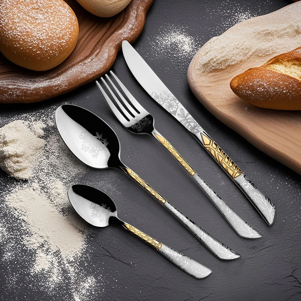 24pcs Flatware Set Stainless Steel Dinnerware Tableware Gold-plated Laser Pattern Knife Fork Spoon Cutlery Dishwasher Safe Gift