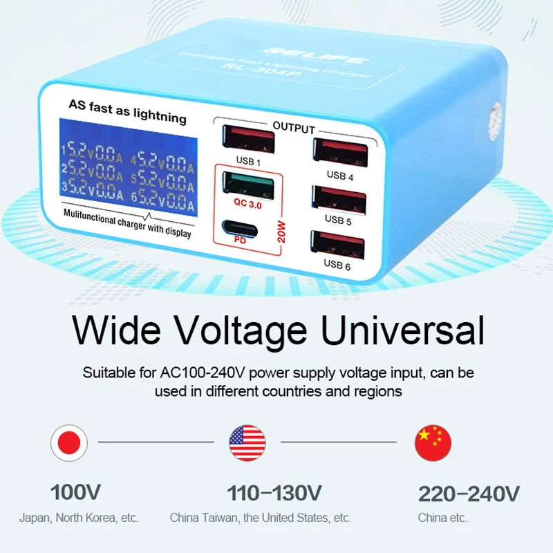 RELIFE RL-304P Smart 6-port USB Digital Display Charger for Mobile Phone And Tablet Charging Support for PD3.0+QC3.0