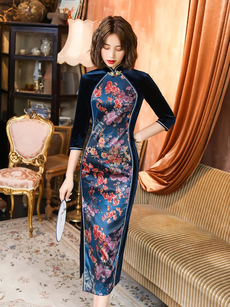 Autumn and Winter New Stitching Velvet Three-quarter Sleeve Side Slit Cheongsam Dress Traditional Chinese Improved Women Qipao