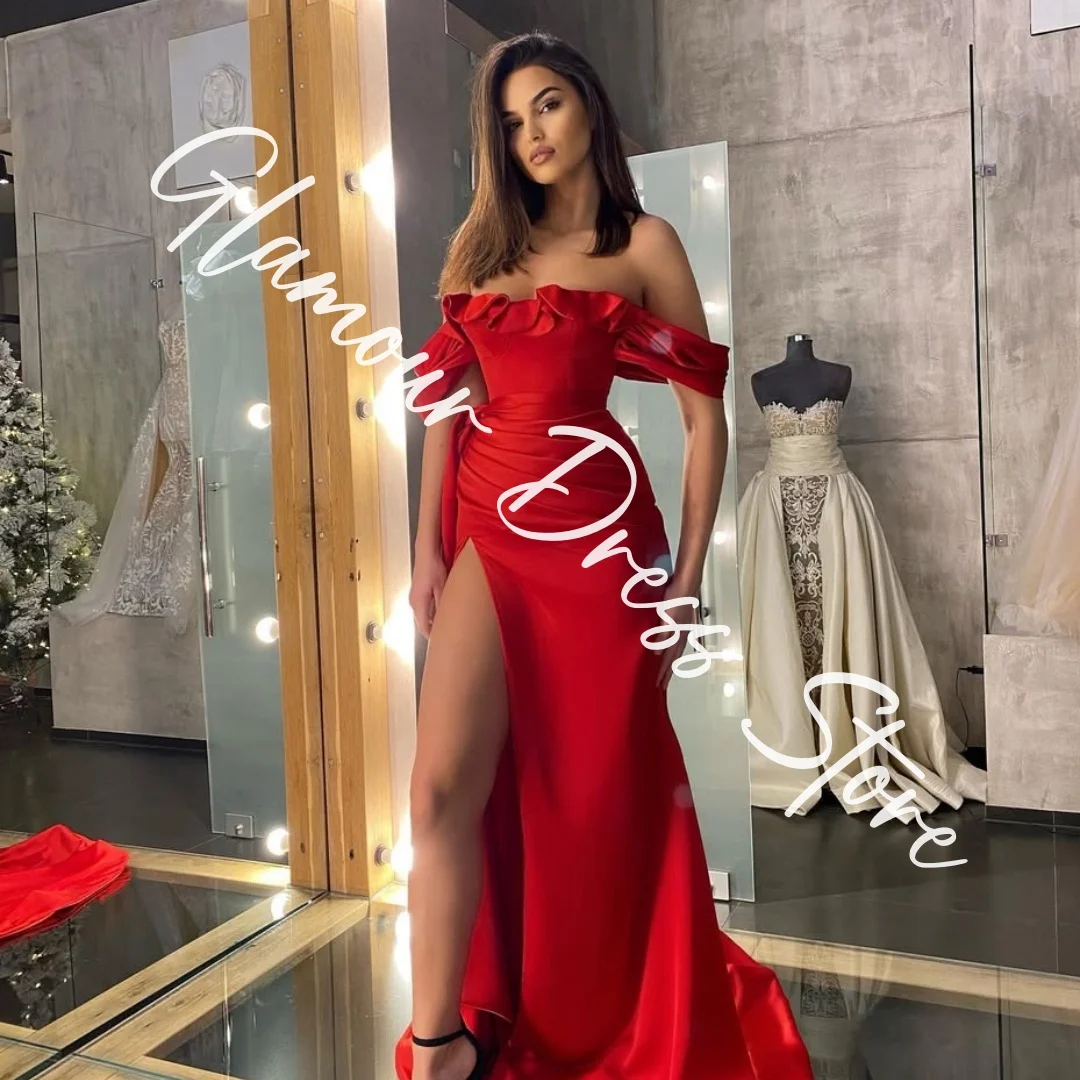 Customized Modern Satin A-Line Off The Shoulder Evening Dresses Strapless Short Sleeves Panel Train Red Celebrity Gown