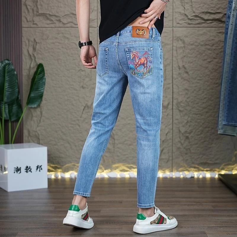 Comfortable Men's Stretch Denim Pants with Unique Printed Pattern on the Back Pocket, Slim Straight Fit, Versatile Fashion for M