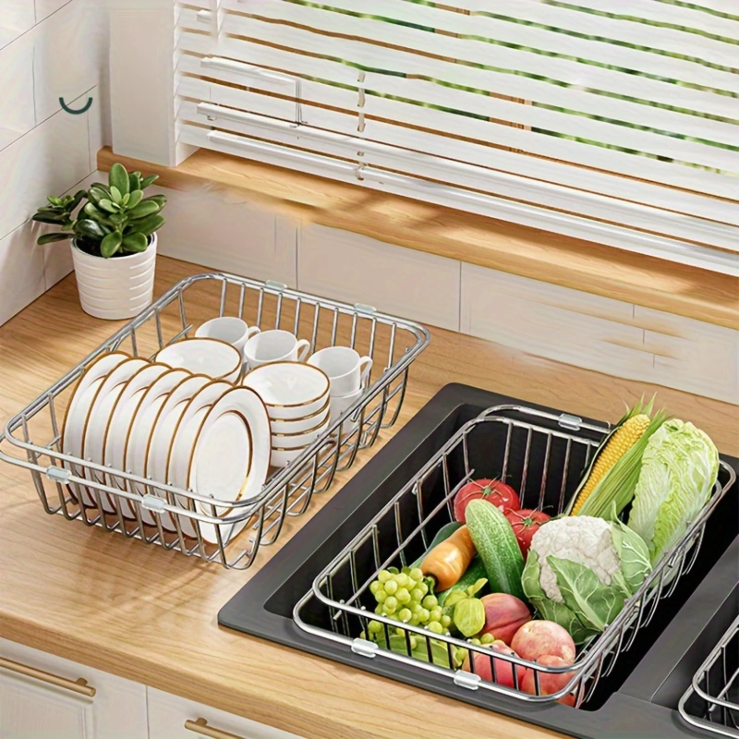 

Stainless Steel Over-The-Sink Dish Drainer - Expandable Kitchen Sink Organizer For Dishes & Vegetables