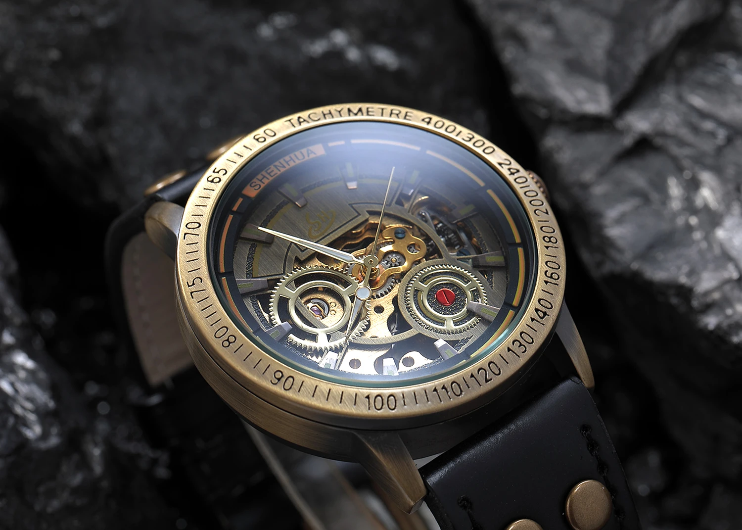 SHENHUA جديد ريترو خمر البرونزية الهيكل العظمي التلقائي ساعة ميكانيكية العلامة التجارية الفاخرة الرجال الساعات مقاوم للماء ساعة مضيئة