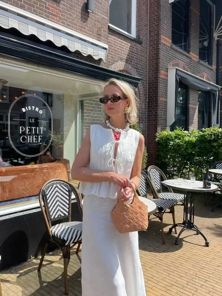 EOENKKY Conjunto de saia de linho de algodão branco moda feminina blusa de renda + saia maxi roupas verão elegante causal férias conjunto de 2 peças