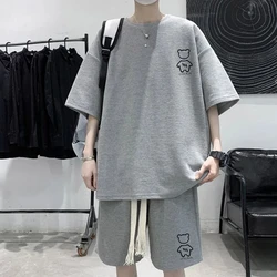 New Summer Waffle Men's Set Korean Fashion Short Sleeve Top Shorts 2-Piece Set Sportswear Trendy Tracksuit Jogging Suit Outfits