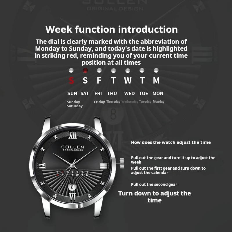 SOLLEN العلامة التجارية الفاخرة الرجال ساعة رياضية الذكور عادية كامل الصلب تاريخ الأسبوع ساعات المعصم الرجال ساعات كوارتز relogio masculino