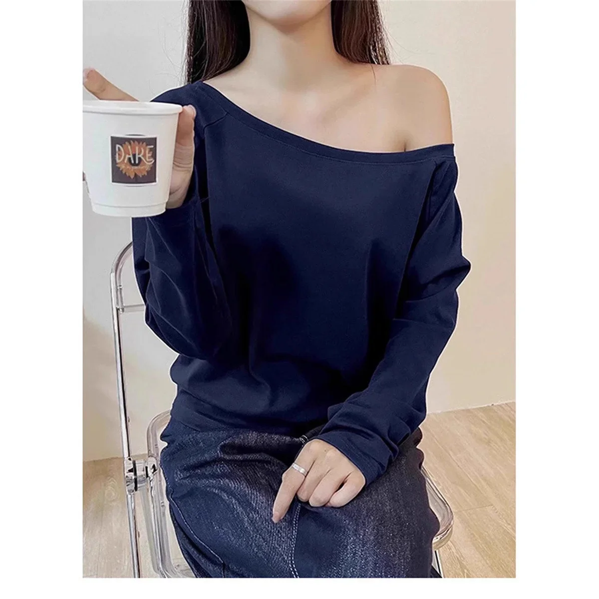 Off The Shoulder Long Sleeve T shirt Women Spring Autumn Loose Sexy One Shoulder Top Lady Casual Basic Tees School Preppy Blouse