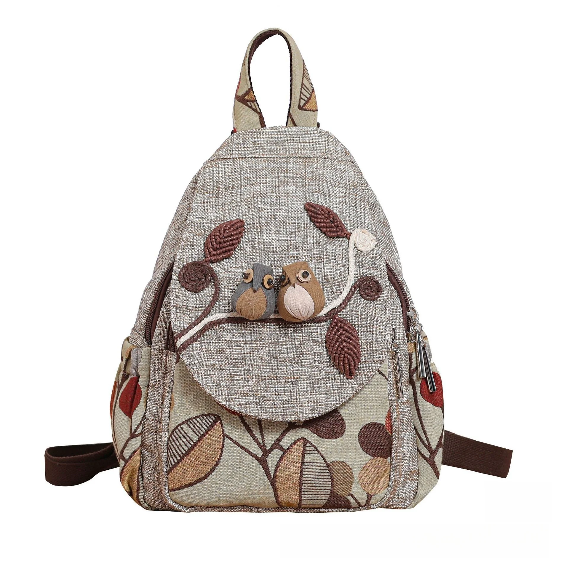 Fashion Knitted Embroidery Birds Women's Backpack High Quality Linen Female Shoulders Bag Pretty Style Girls Cartoon Backpacks