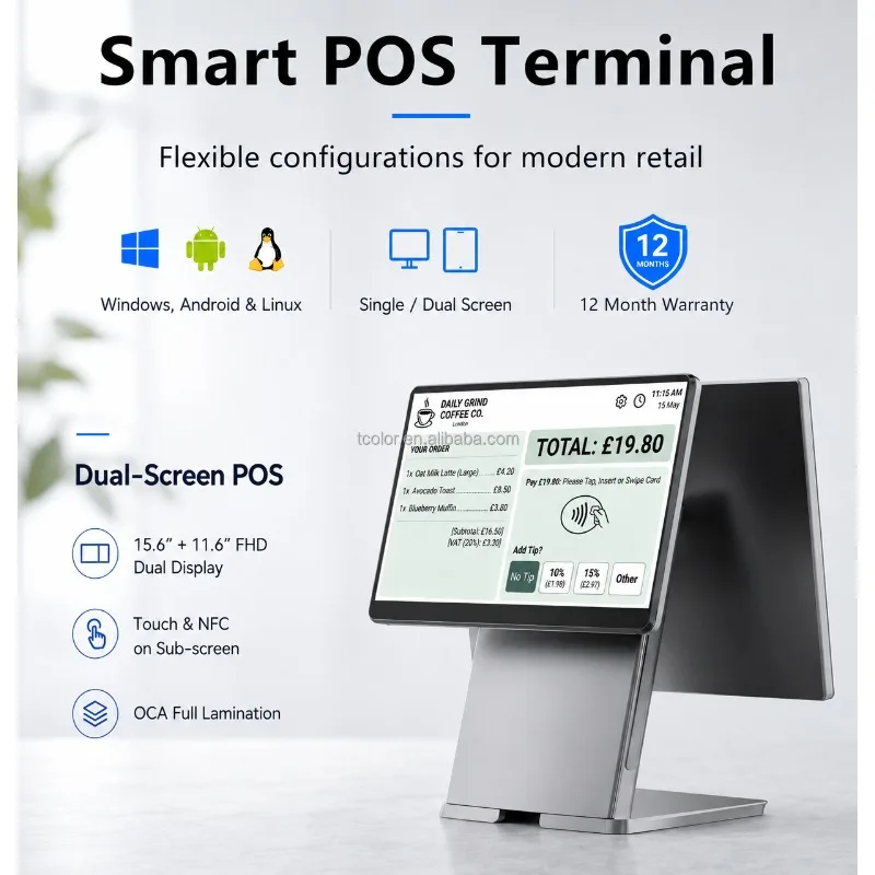 Aluminum Full 15.6 Inch Pos Dual Screen All in One windows Retail Pos System Pos Terminal Point of Sale System for Retail Store