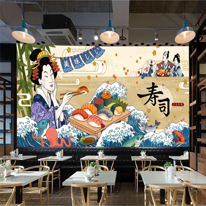 Ukiyoe Geisha Sushi Bar Industrial Decor Wallpapers Japanese Restaurant Background Wall Paper Mural Papel De Parede 3d