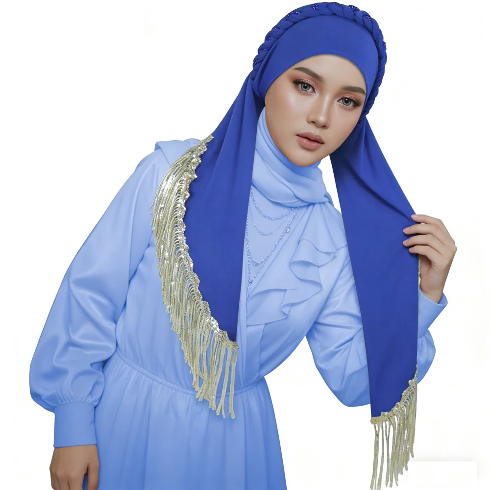 Mode paillettes perlées Hijab avec longue queue gland tresses Turban femmes musulman Islam foulard chimio casquette doux bandeau bandeau