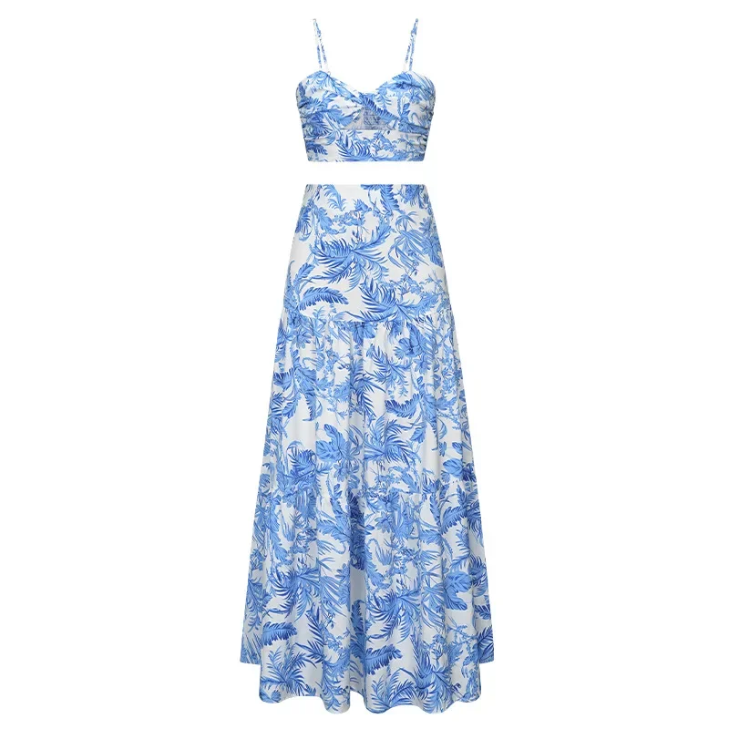 Two Piece Sets Women Dress Sets Skirts Set Print Floral A Line Long Skirt Sexy Sleeveless Strapless Elegant Party High Waist