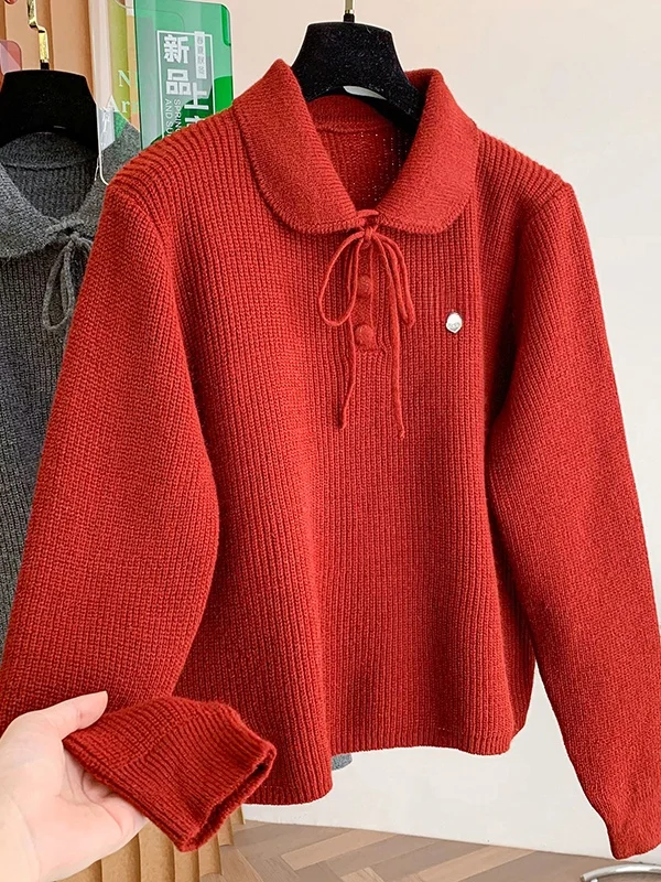 

Антивозрастной вязаный свитер с кукольным воротником, длинный све, красный трикотаж, женский повседневный свободный крой, зимняя мода, женский премиум-размер плюс