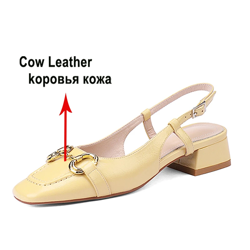 Meotina Women Genuine Leather Slingbacks Sandals Square Toe Flats Buckle Metal Decoration Ladies Fashion Shoes Summer Spring 40