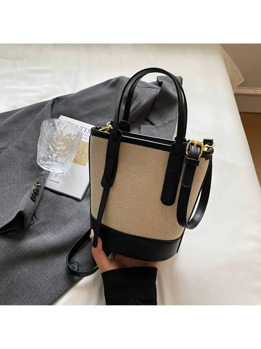 

Textured Canvas Mini Bucket Bag For Women — Dual-Tone Design, Adjustable Strap, Crossbody Or Handheld Use